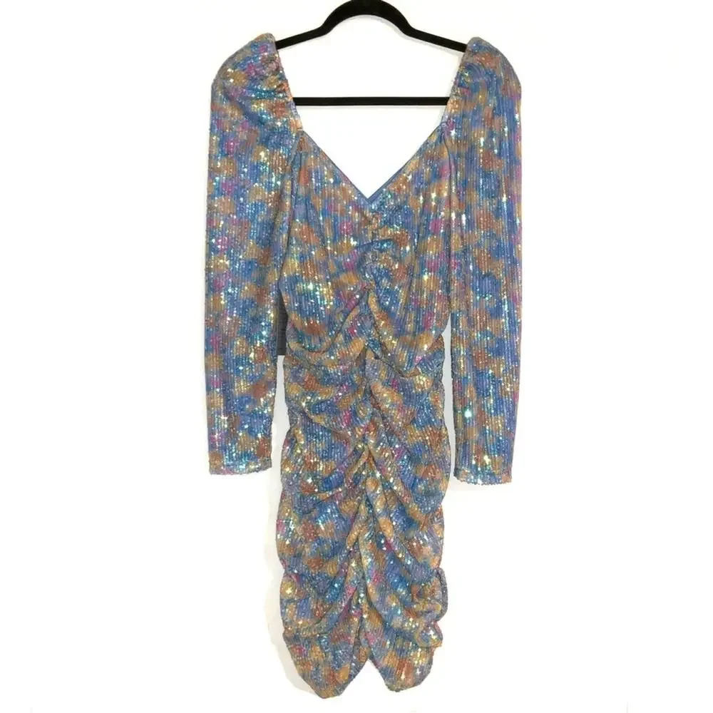 NEW Saylor Lawrence Floral Long Sleeve Sequin Ruched Mini Dress LARGE